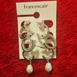 Francesca's Collections Silver Textured Hoop Earrings with Pearl Drops